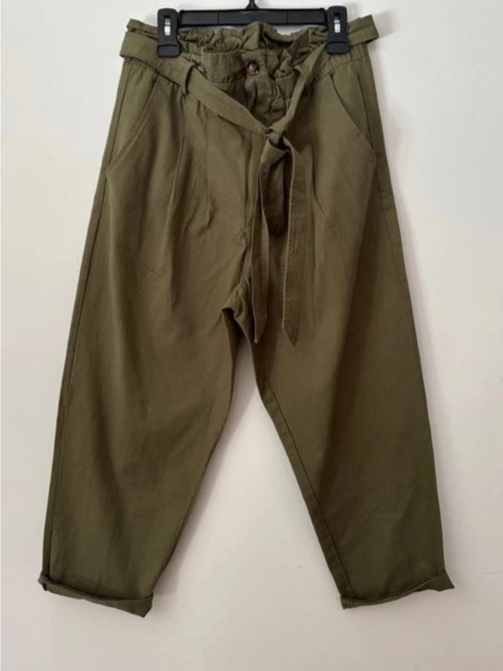 WOMENS OLIVE GREEN PAPERBAG WAIST PANTS WITH TIE BELT